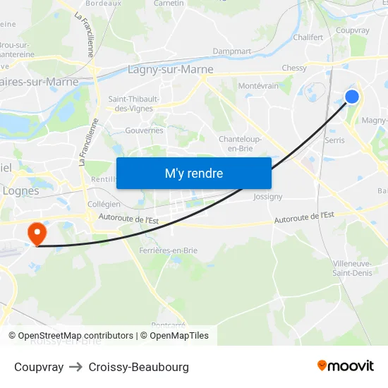 Coupvray to Croissy-Beaubourg map