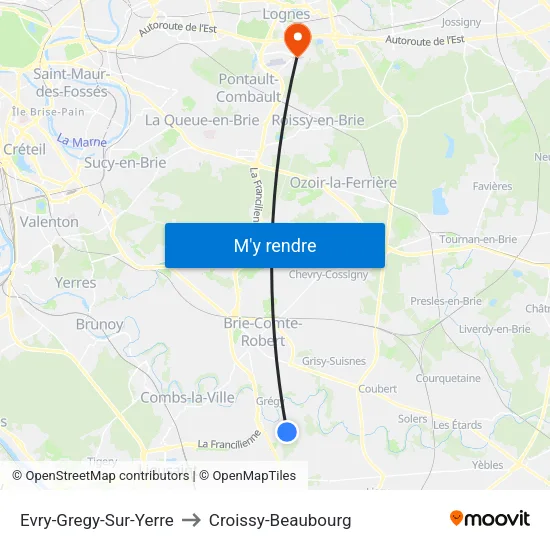 Evry-Gregy-Sur-Yerre to Croissy-Beaubourg map