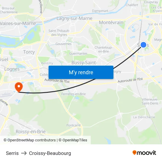 Serris to Croissy-Beaubourg map