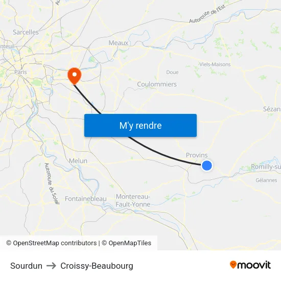 Sourdun to Croissy-Beaubourg map