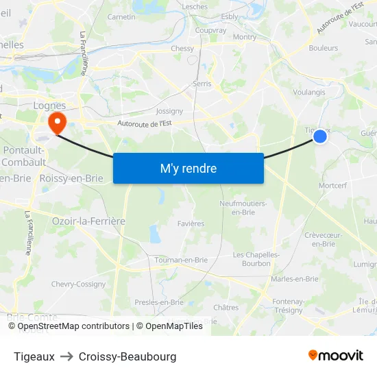 Tigeaux to Croissy-Beaubourg map