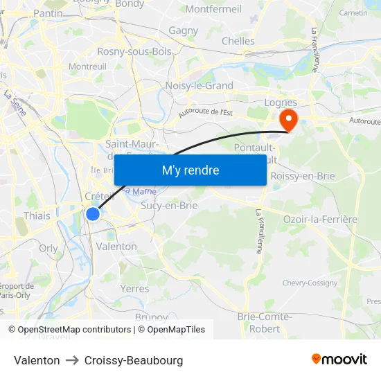 Valenton to Croissy-Beaubourg map