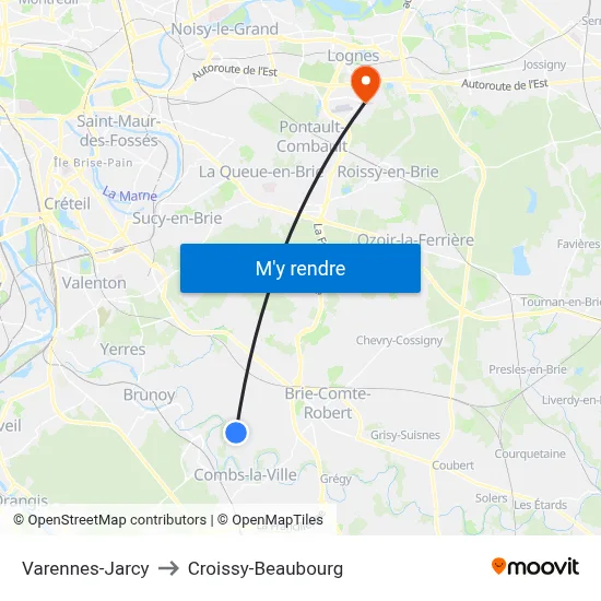 Varennes-Jarcy to Croissy-Beaubourg map