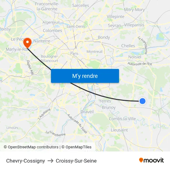 Chevry-Cossigny to Croissy-Sur-Seine map