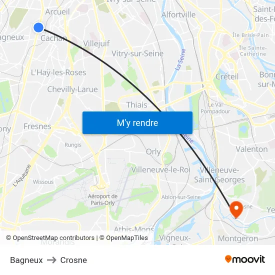 Bagneux to Crosne map