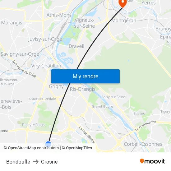 Bondoufle to Crosne map