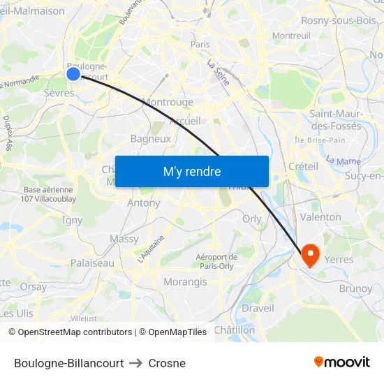 Boulogne-Billancourt to Crosne map