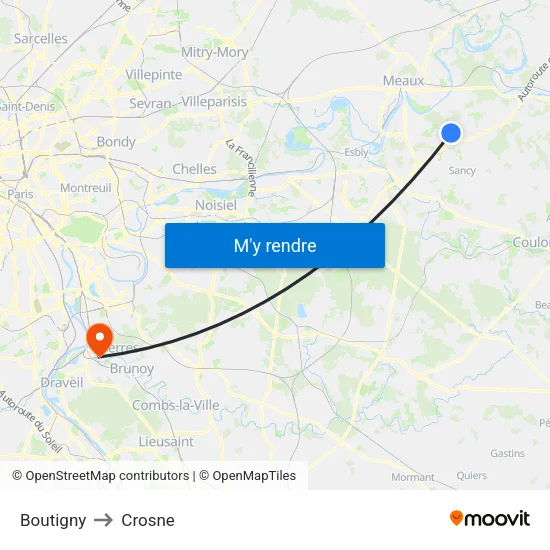 Boutigny to Crosne map