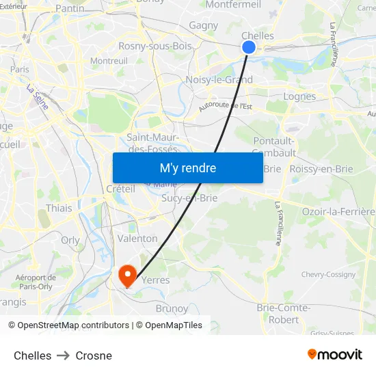 Chelles to Crosne map