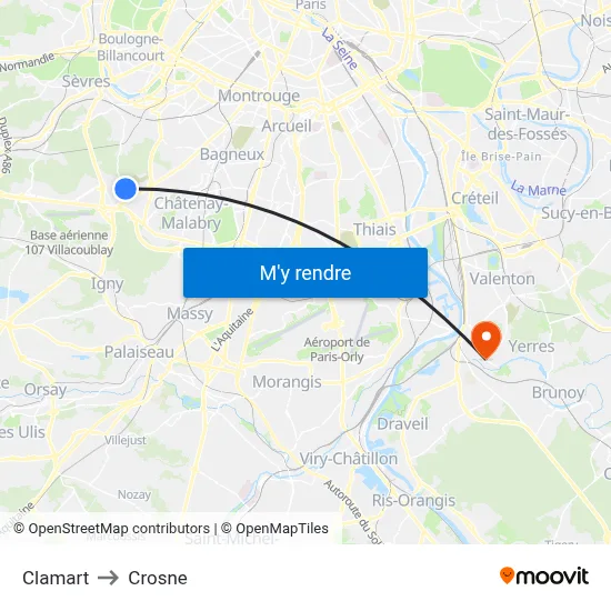 Clamart to Crosne map
