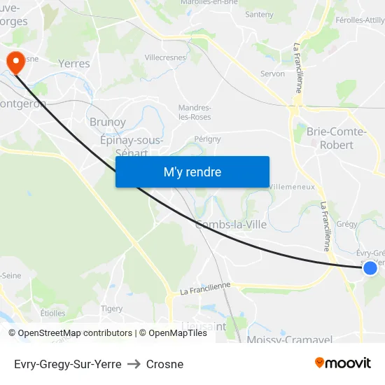 Evry-Gregy-Sur-Yerre to Crosne map
