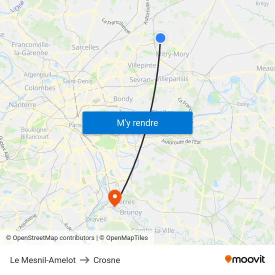 Le Mesnil-Amelot to Crosne map
