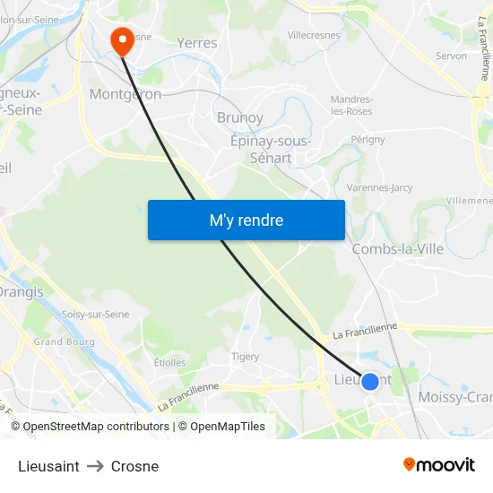 Lieusaint to Crosne map