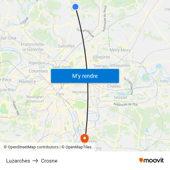 Luzarches to Crosne map