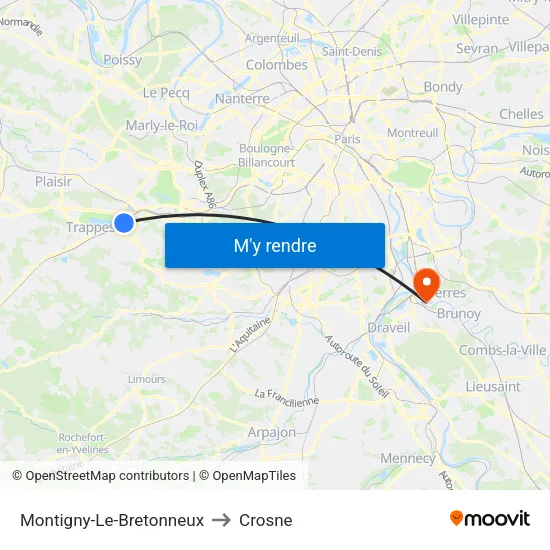Montigny-Le-Bretonneux to Crosne map