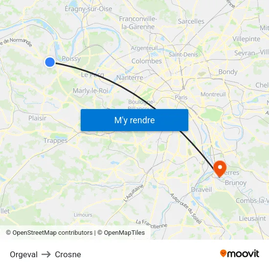 Orgeval to Crosne map
