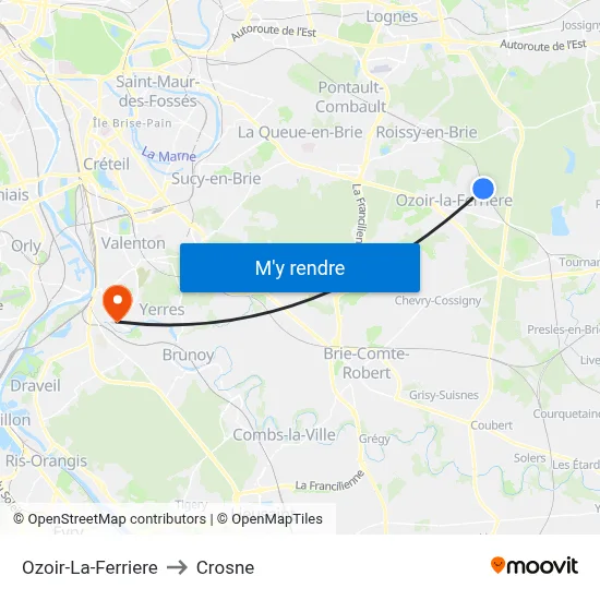 Ozoir-La-Ferriere to Crosne map