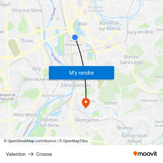 Valenton to Crosne map