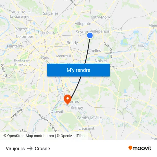 Vaujours to Crosne map