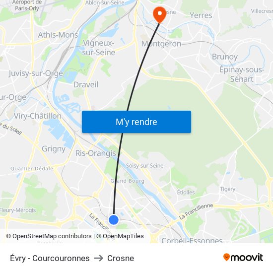 Évry - Courcouronnes to Crosne map