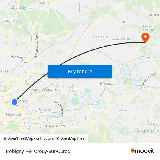 Bobigny to Crouy-Sur-Ourcq map