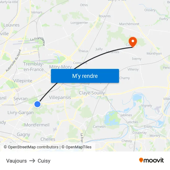 Vaujours to Cuisy map