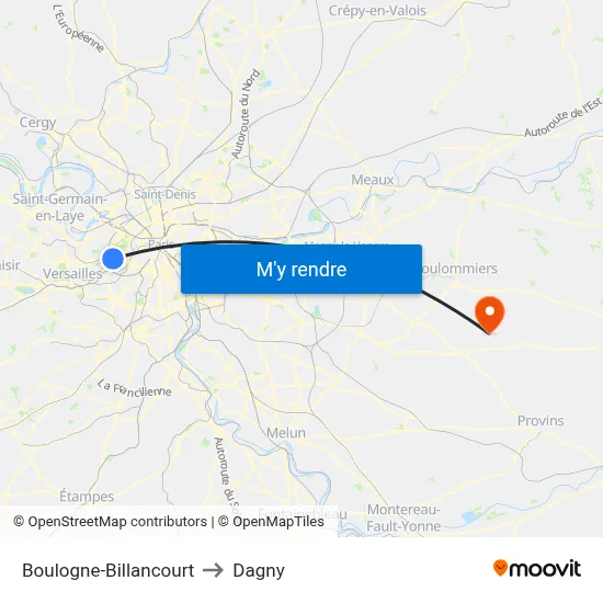 Boulogne-Billancourt to Dagny map
