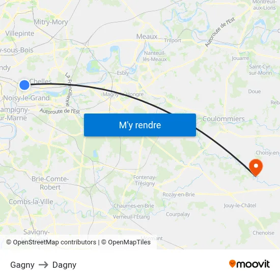 Gagny to Dagny map