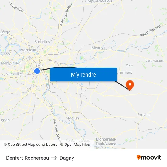 Denfert-Rochereau to Dagny map