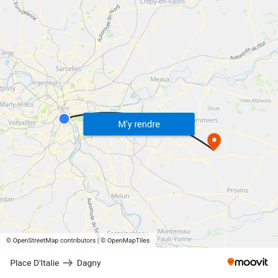 Place D'Italie to Dagny map
