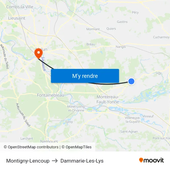 Montigny-Lencoup to Dammarie-Les-Lys map