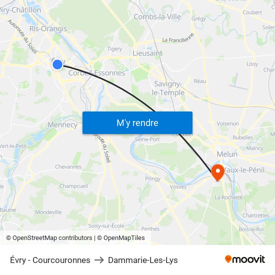 Évry - Courcouronnes to Dammarie-Les-Lys map