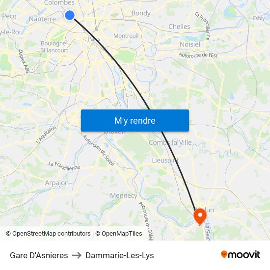 Gare D'Asnieres to Dammarie-Les-Lys map