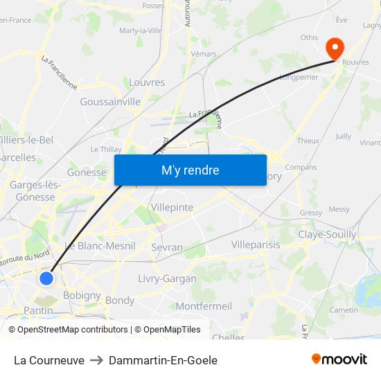 La Courneuve to Dammartin-En-Goele map