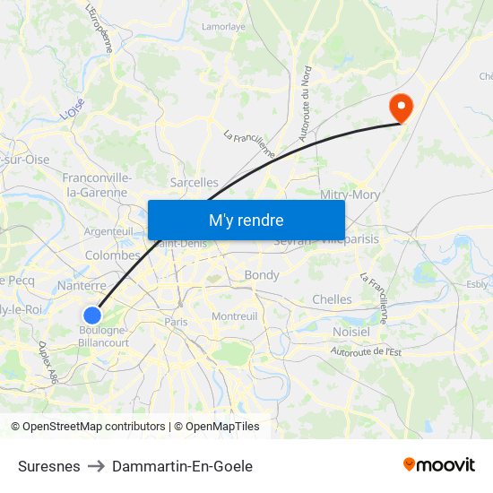 Suresnes to Dammartin-En-Goele map