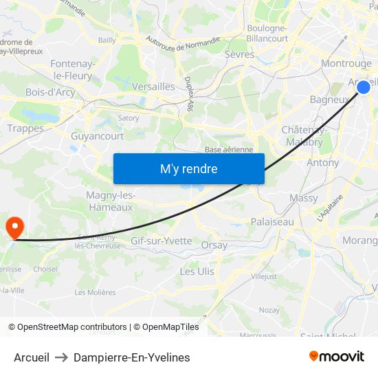 Arcueil to Dampierre-En-Yvelines map