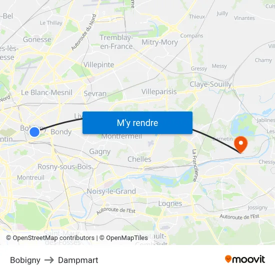 Bobigny to Dampmart map