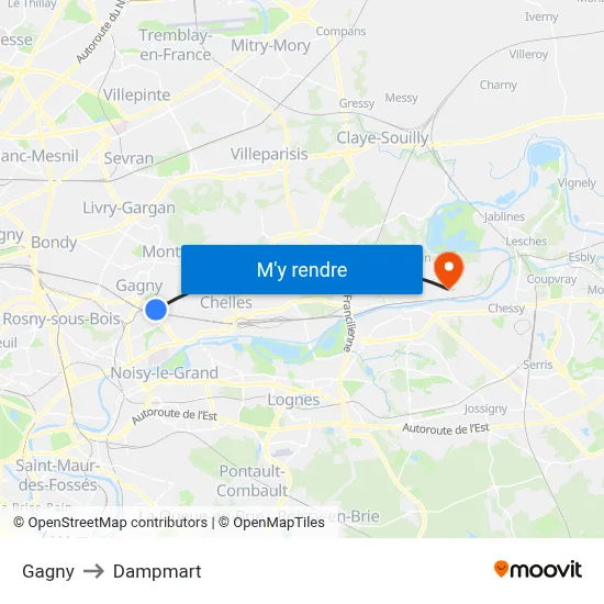 Gagny to Dampmart map