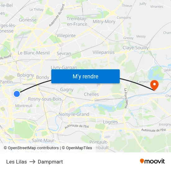 Les Lilas to Dampmart map