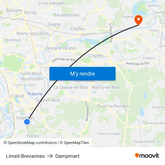 Limeil-Brevannes to Dampmart map