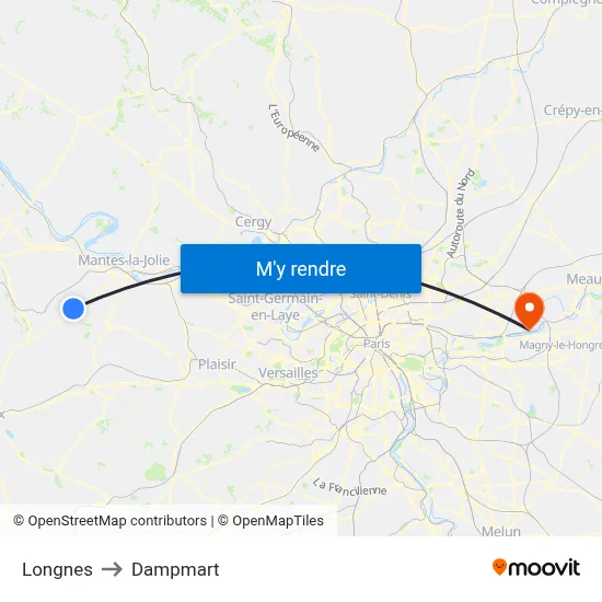 Longnes to Dampmart map