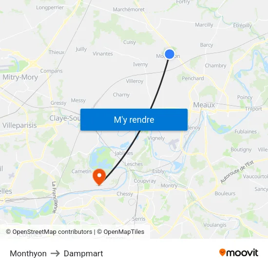 Monthyon to Dampmart map