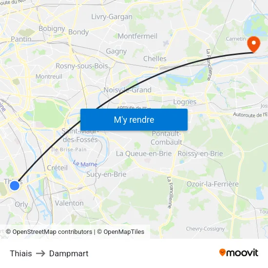 Thiais to Dampmart map