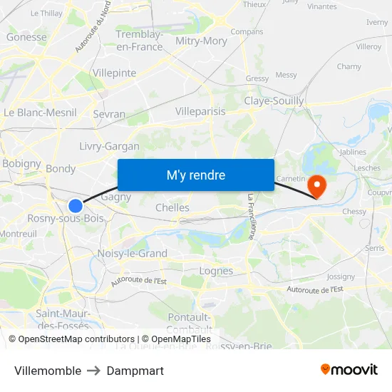 Villemomble to Dampmart map