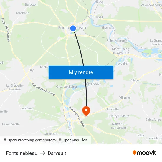 Fontainebleau to Darvault map