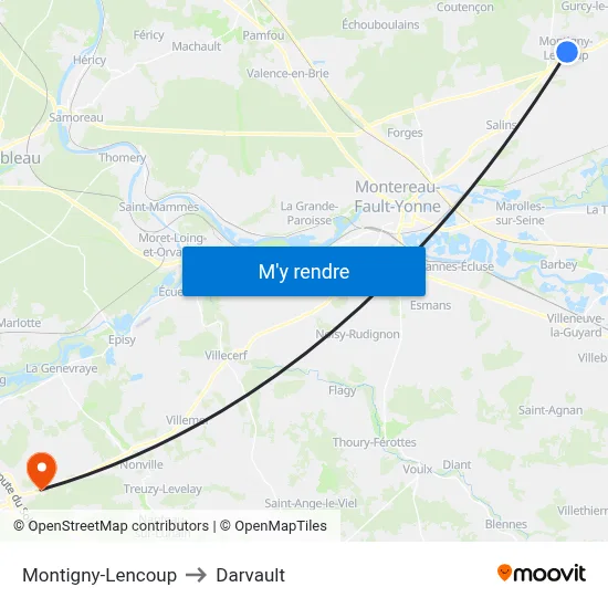 Montigny-Lencoup to Darvault map