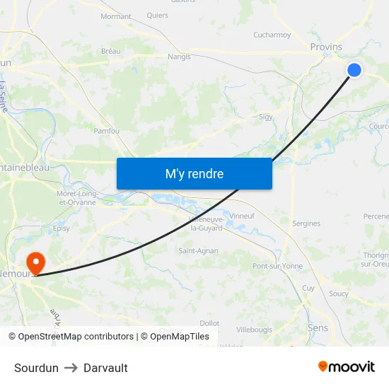 Sourdun to Darvault map