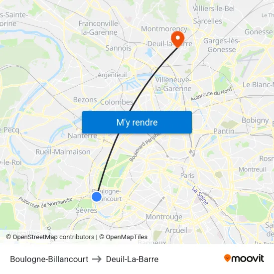 Boulogne-Billancourt to Deuil-La-Barre map