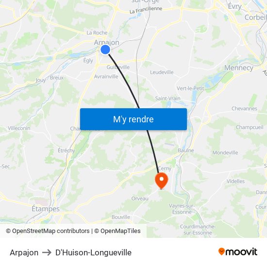 Arpajon to D'Huison-Longueville map