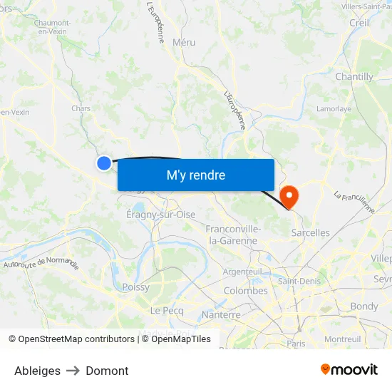 Ableiges to Domont map